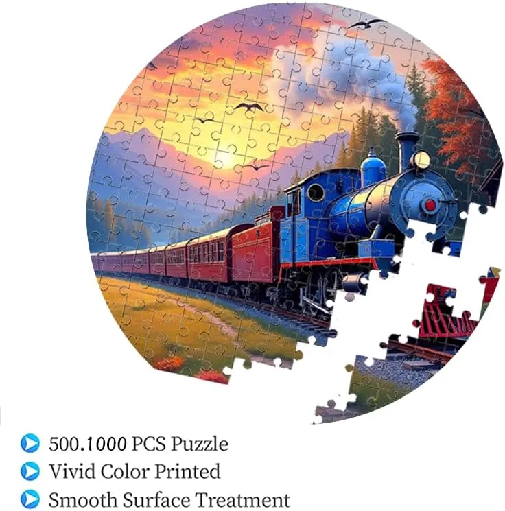 Colorful Forest Train Puzzle 1000 Pieces 26.5x26.5in Blue and Red Locomotive at Sunset with Cabin and Mountains