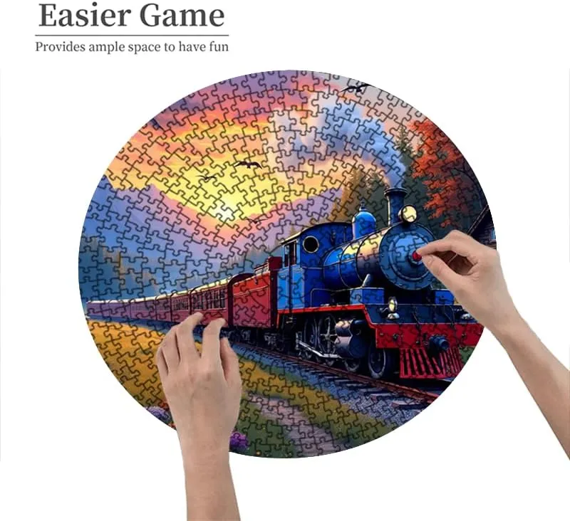 Colorful Forest Train Puzzle 1000 Pieces 26.5x26.5in Blue and Red Locomotive at Sunset with Cabin and Mountains