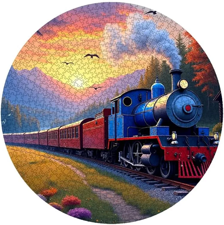 Colorful Forest Train Puzzle 1000 Pieces 26.5x26.5in Blue and Red Locomotive at Sunset with Cabin and Mountains