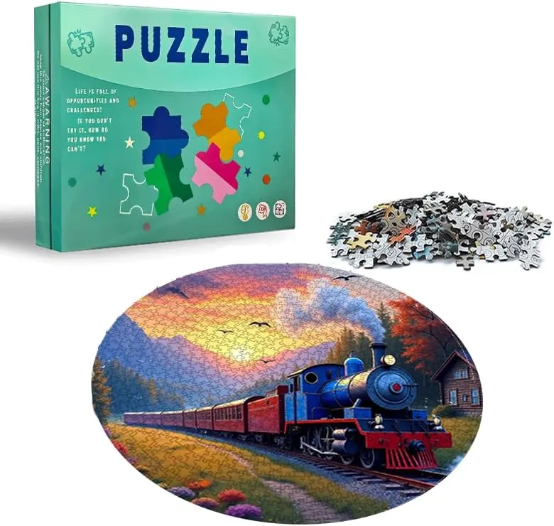 Colorful Forest Train Puzzle 1000 Pieces 26.5x26.5in Blue and Red Locomotive at Sunset with Cabin and Mountains