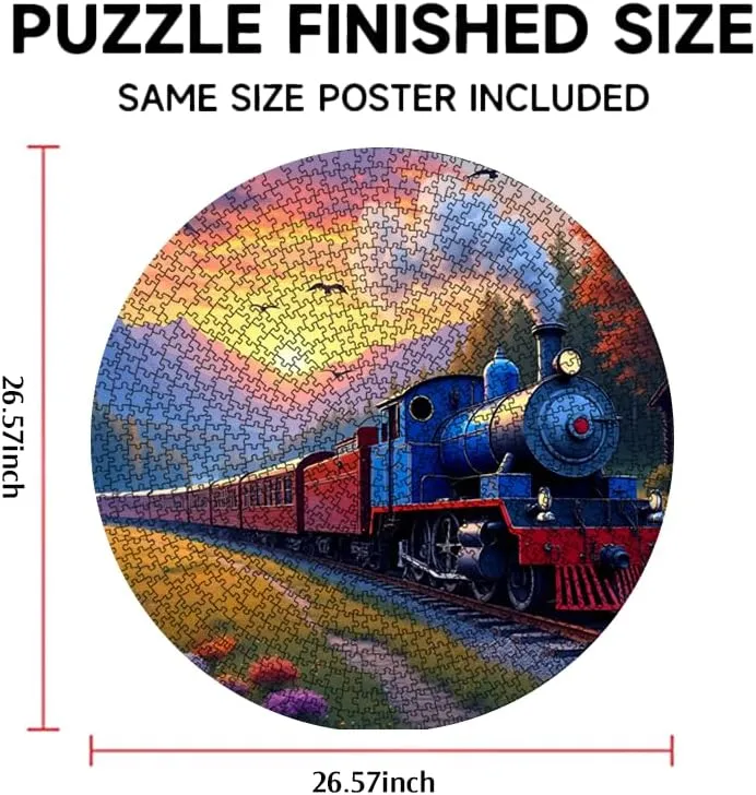 Colorful Forest Train Puzzle 1000 Pieces 26.5x26.5in Blue and Red Locomotive at Sunset with Cabin and Mountains