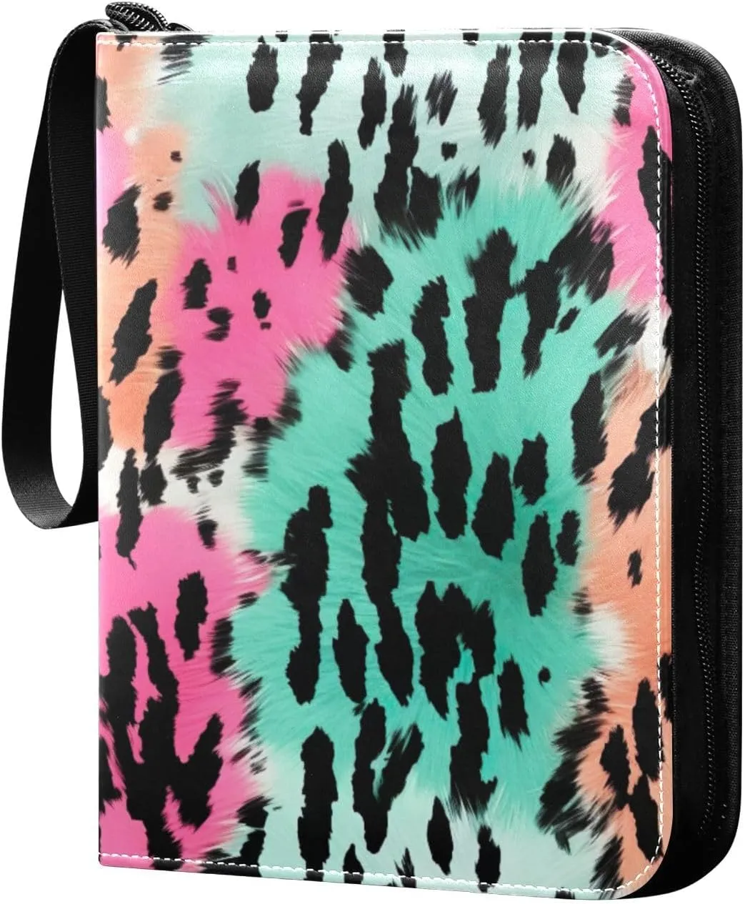 Colorful Leopard Pattern Card Binder 4 Pocket Trading Card Album Fits 400 Sports/Game Cards, PU Cover 3 Ring Card Collection with 50 Removable Sleeves