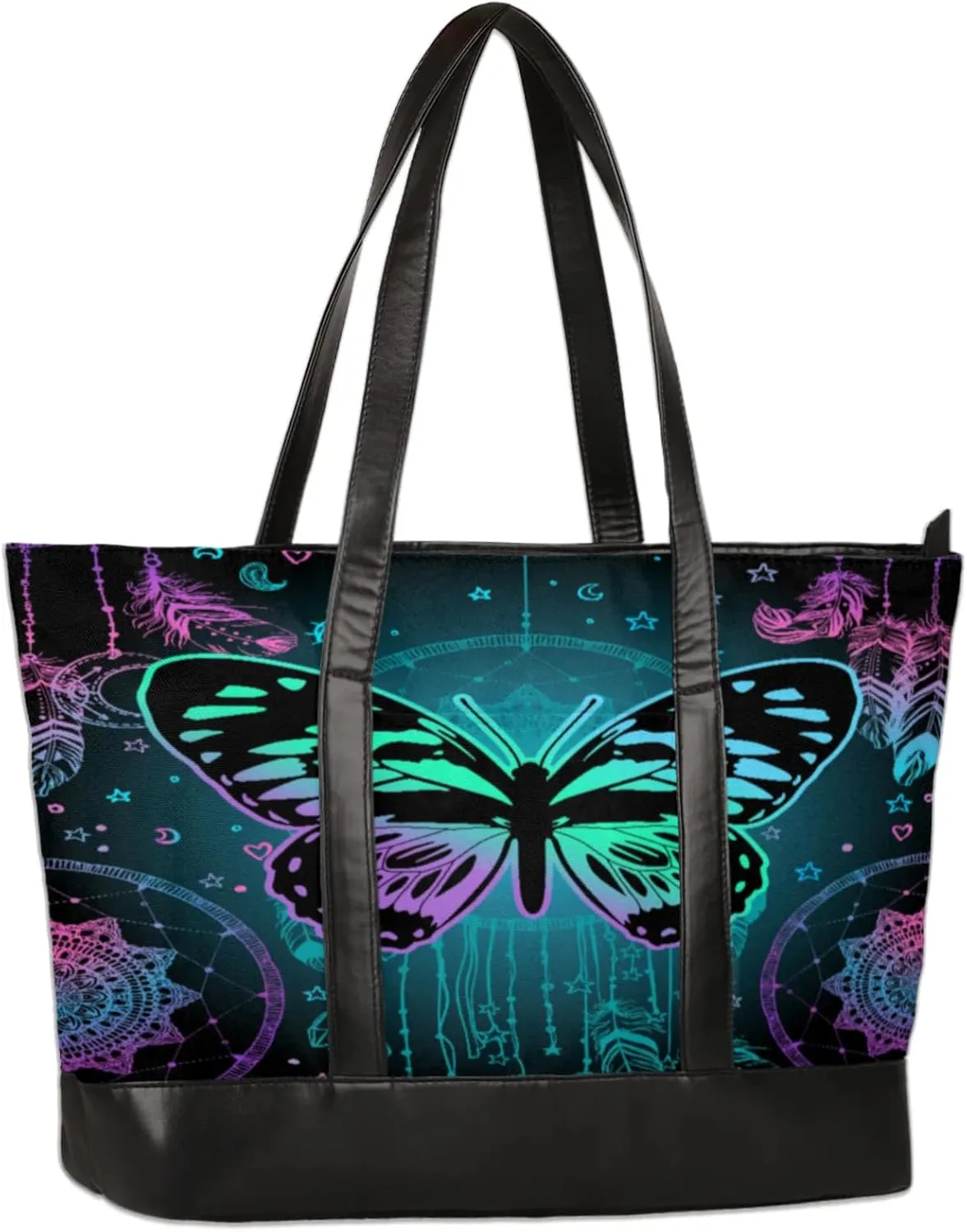 Colorful Mandala Butterfly Dreamcatcher Laptop Tote Bag for Women Lightweight Work Purse with Multiple Compartments Fits 13-15.6 Inch Laptop Tablet Shoulder Bag for Office Travel Daily Use