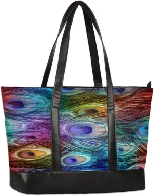 Colorful Peacock Feathers Laptop Tote Bag for Women Lightweight Work Purse with Multiple Compartments Fits 13-15.6 Inch Laptop Tablet Shoulder Bag for Office Travel Daily Use