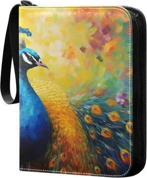 Colorful Peacock Painting Card Binder 4 Pocket Collectible Trading Card Albums with 50 Sleeves Double Side PU Waterproof 3 Ring for Sports & Game Cards