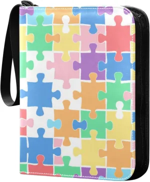 Colorful Puzzle Pieces Card Binder 4 Pocket Trading Card Album Fits 400 Sports/Game Cards, PU Cover 3 Ring Card Collection with 50 Removable Sleeves