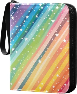 Colorful Rainbow Striped Card Binder 4-Pockets, 400 Pockets Card Holder with 50 Removable Sleeves, Trading Card Collector Zipper Album Holder, Collector Album