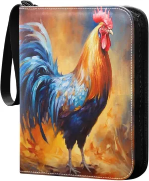Colorful Rooster Card Binder 4 Pocket Trading Card Album Fits 400 Sports/Game Cards, PU Cover 3 Ring Card Collection with 50 Removable Sleeves