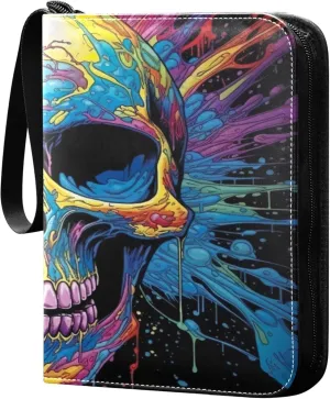 Colorful Skull Card Binder 4 Pocket Collectible Trading Card Albums with 50 Sleeves Double Side PU Waterproof 3 Ring for Sports & Game Cards