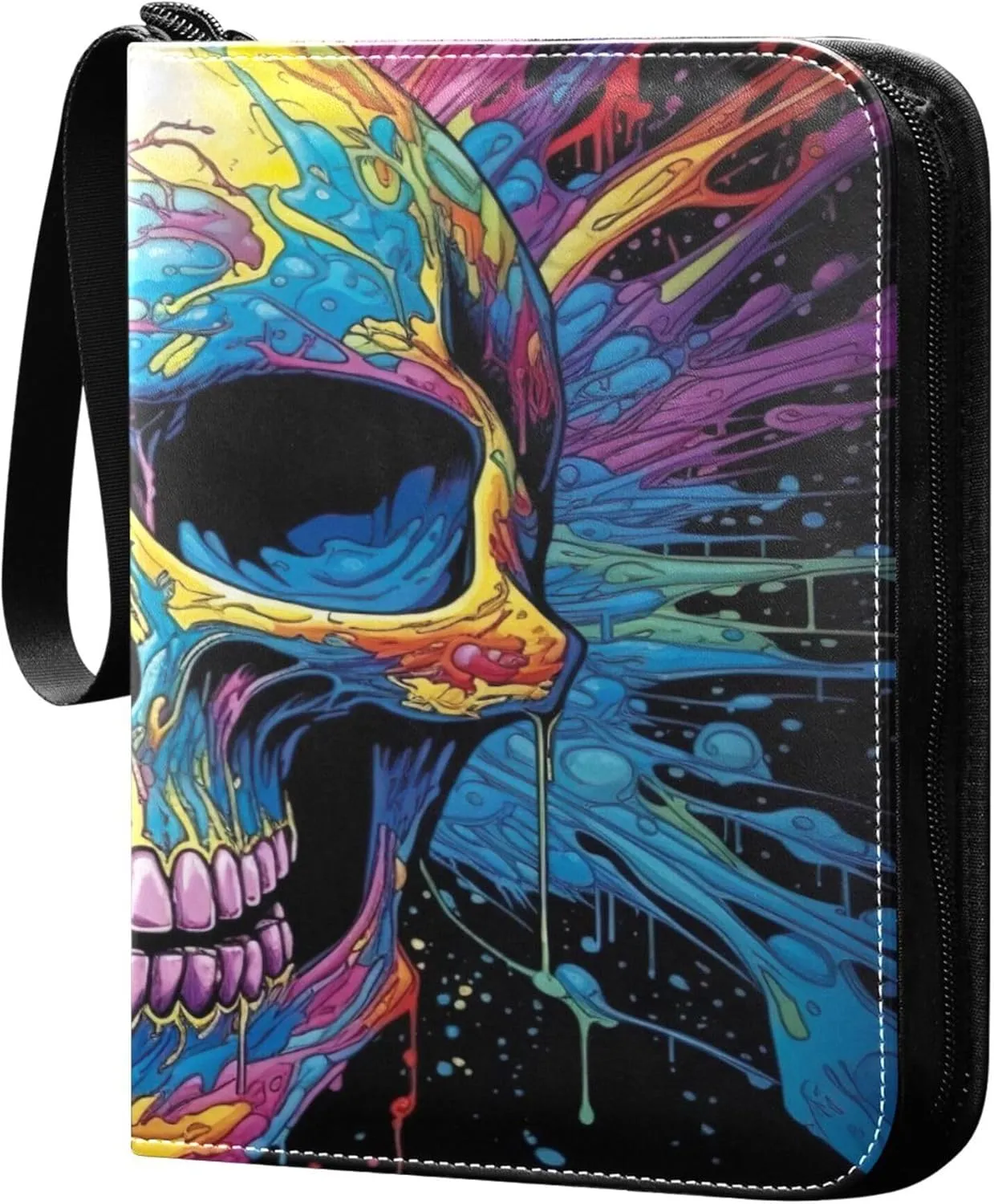 Colorful Skull Card Binder 4 Pocket Collectible Trading Card Albums with 50 Sleeves Double Side PU Waterproof 3 Ring for Sports & Game Cards