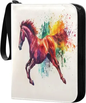 Colorful Splash Running Horse Cards Binder 4 Pocket Fits 400 Cards with 50 Removable Sleevesves, Trading Card Collector Zipper Album Holder Portable Card Games Display Storage Cases