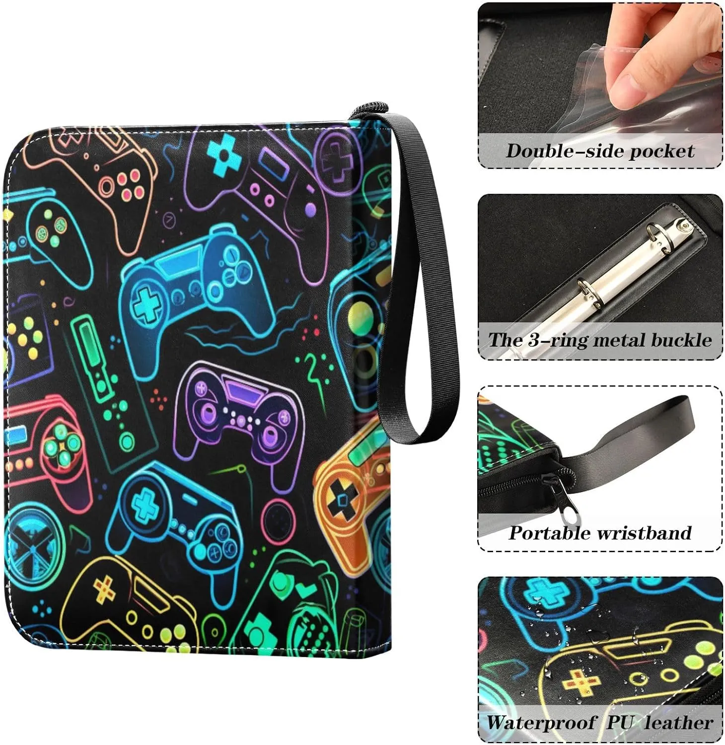 Colorful Video Game Controllers Card Binder 4 Pocket Trading Card Album Fits 400 Sports/Game Cards, PU Cover 3 Ring Card Collection with 50 Removable Sleeves