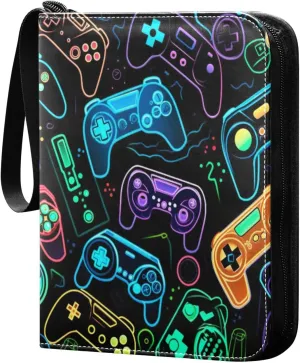 Colorful Video Game Controllers Card Binder 4 Pocket Trading Card Album Fits 400 Sports/Game Cards, PU Cover 3 Ring Card Collection with 50 Removable Sleeves