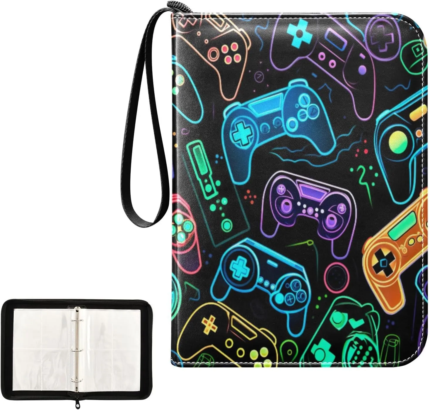 Colorful Video Game Controllers Card Binder 4 Pocket Trading Card Album Fits 400 Sports/Game Cards, PU Cover 3 Ring Card Collection with 50 Removable Sleeves