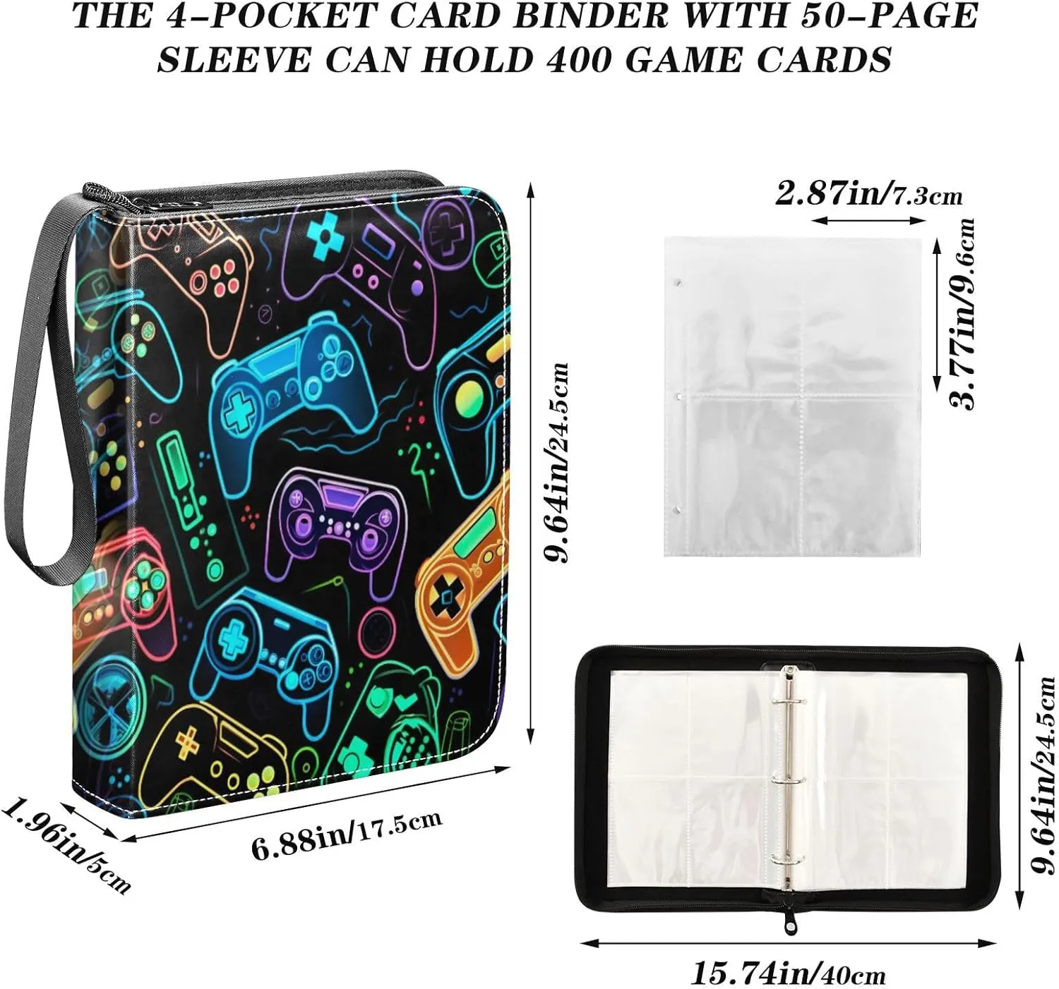 Colorful Video Game Controllers Card Binder 4 Pocket Trading Card Album Fits 400 Sports/Game Cards, PU Cover 3 Ring Card Collection with 50 Removable Sleeves