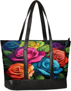 Colourful Rose Flower Laptop Tote Bag for Women Lightweight Work Purse with Multiple Compartments Fits 13-15.6 Inch Laptop Tablet Shoulder Bag for Office Travel Daily Use