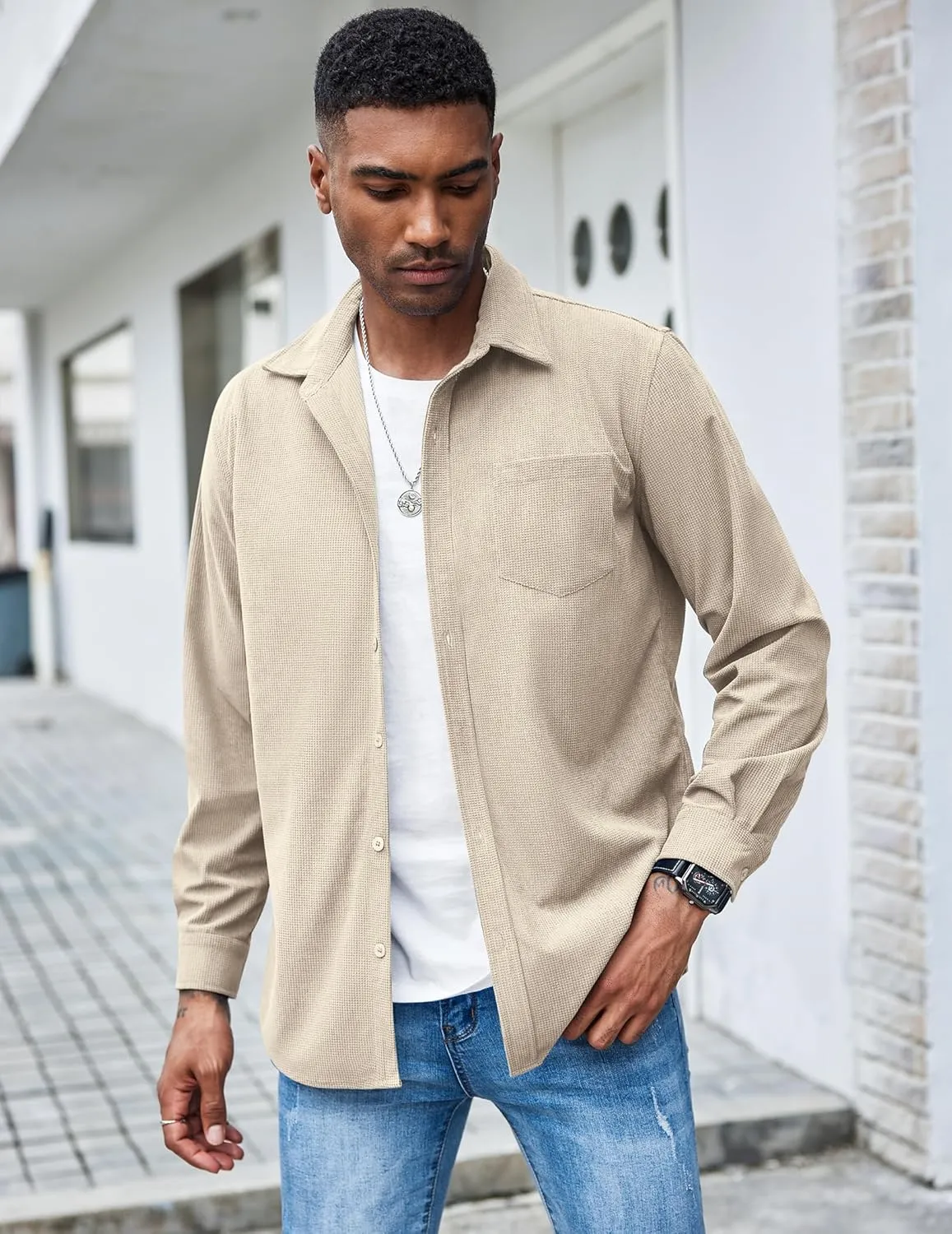 COOFANDY Men's Waffle Button Down Shirts Casual Long Sleeve Shacket Jacket with Pockets