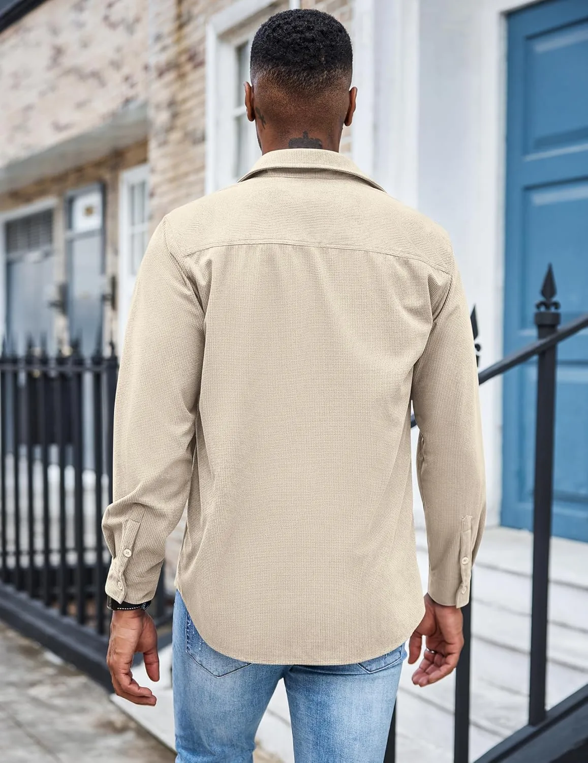 COOFANDY Men's Waffle Button Down Shirts Casual Long Sleeve Shacket Jacket with Pockets