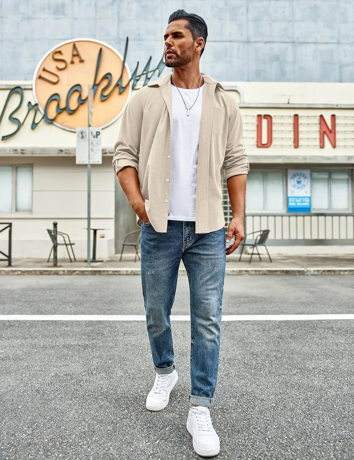 COOFANDY Men's Waffle Button Down Shirts Casual Long Sleeve Shacket Jacket with Pockets