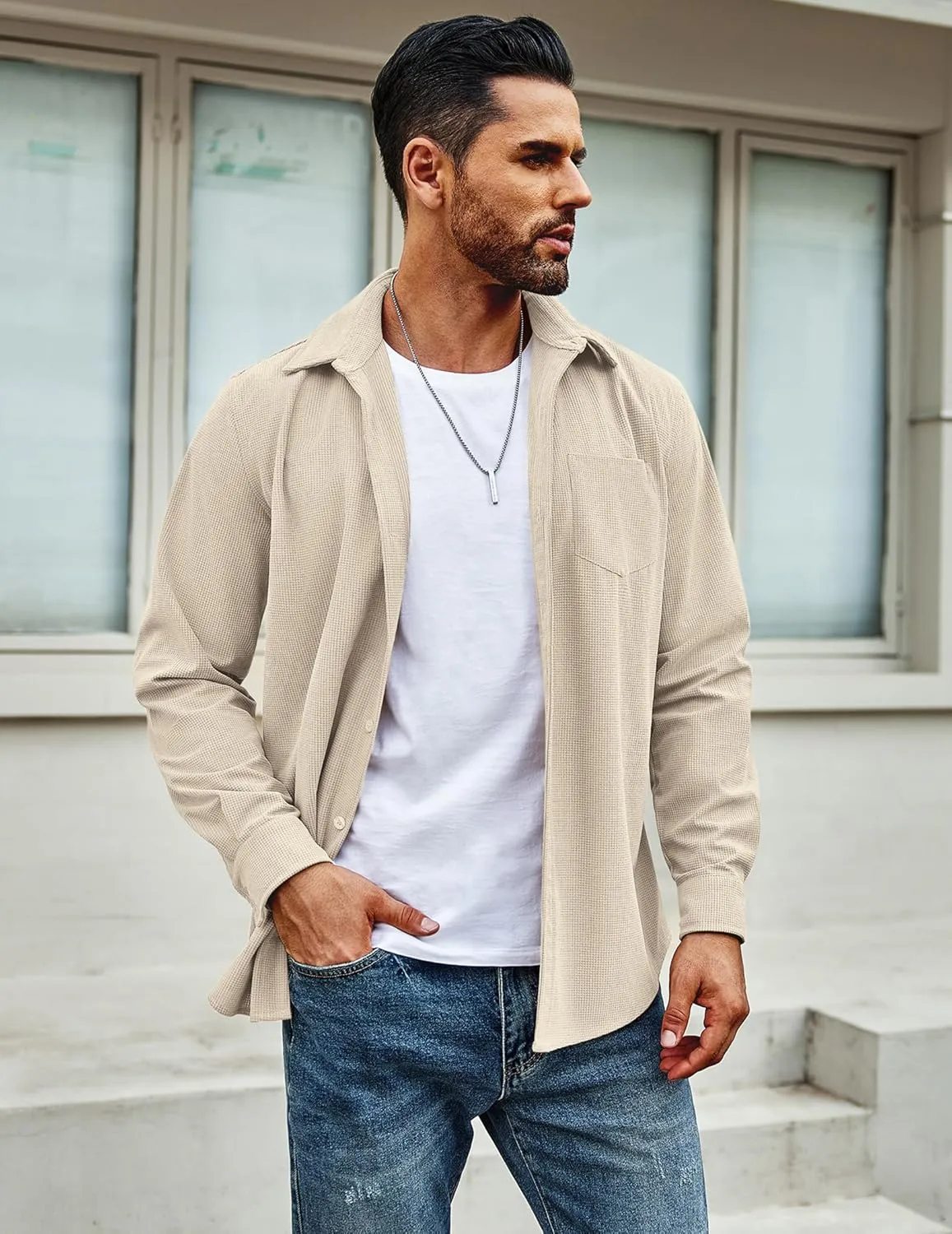 COOFANDY Men's Waffle Button Down Shirts Casual Long Sleeve Shacket Jacket with Pockets