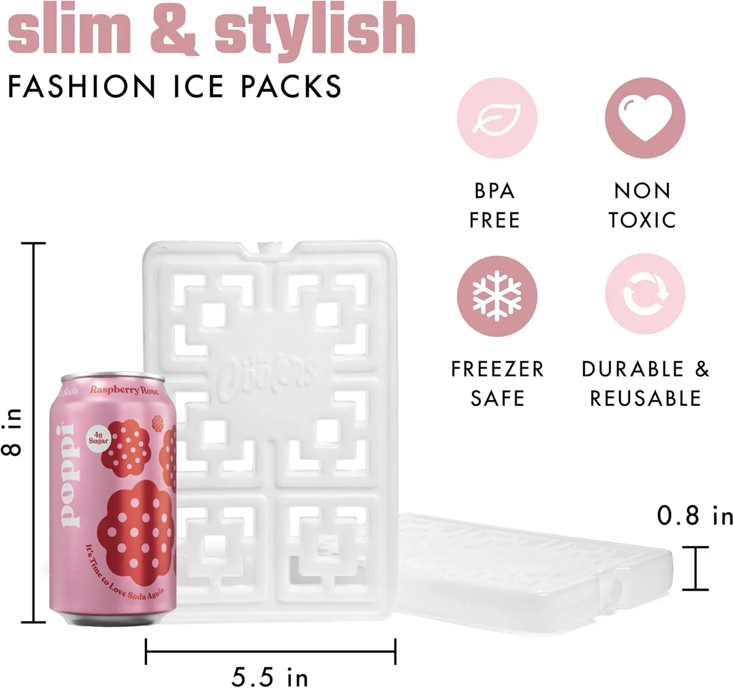 Cool Coolers Fashion Ice by Fit & Fresh, 4 Pack XL Slim Ice Packs, Unique Ice Pack Design for Womens Lunch Bag, Space Saving Reusable Ice Packs for Lunch Boxes, Cooler Ice Packs, Pearl White, 4PK