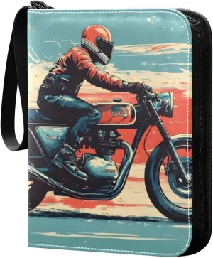 Cool Motorcycle Rider Card Binder 4 Pocket Trading Card Album Fits 400 Sports/Game Cards, PU Cover 3 Ring Card Collection with 50 Removable Sleeves