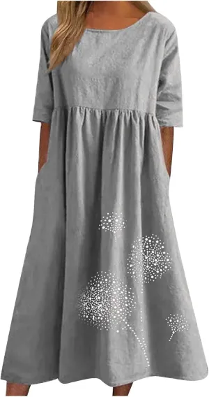 Cotton Dresses for Women 2024 Short Sleeve High Waist Casual Dress with Pockets Summer Loose Pleated Linen Maxi Dress