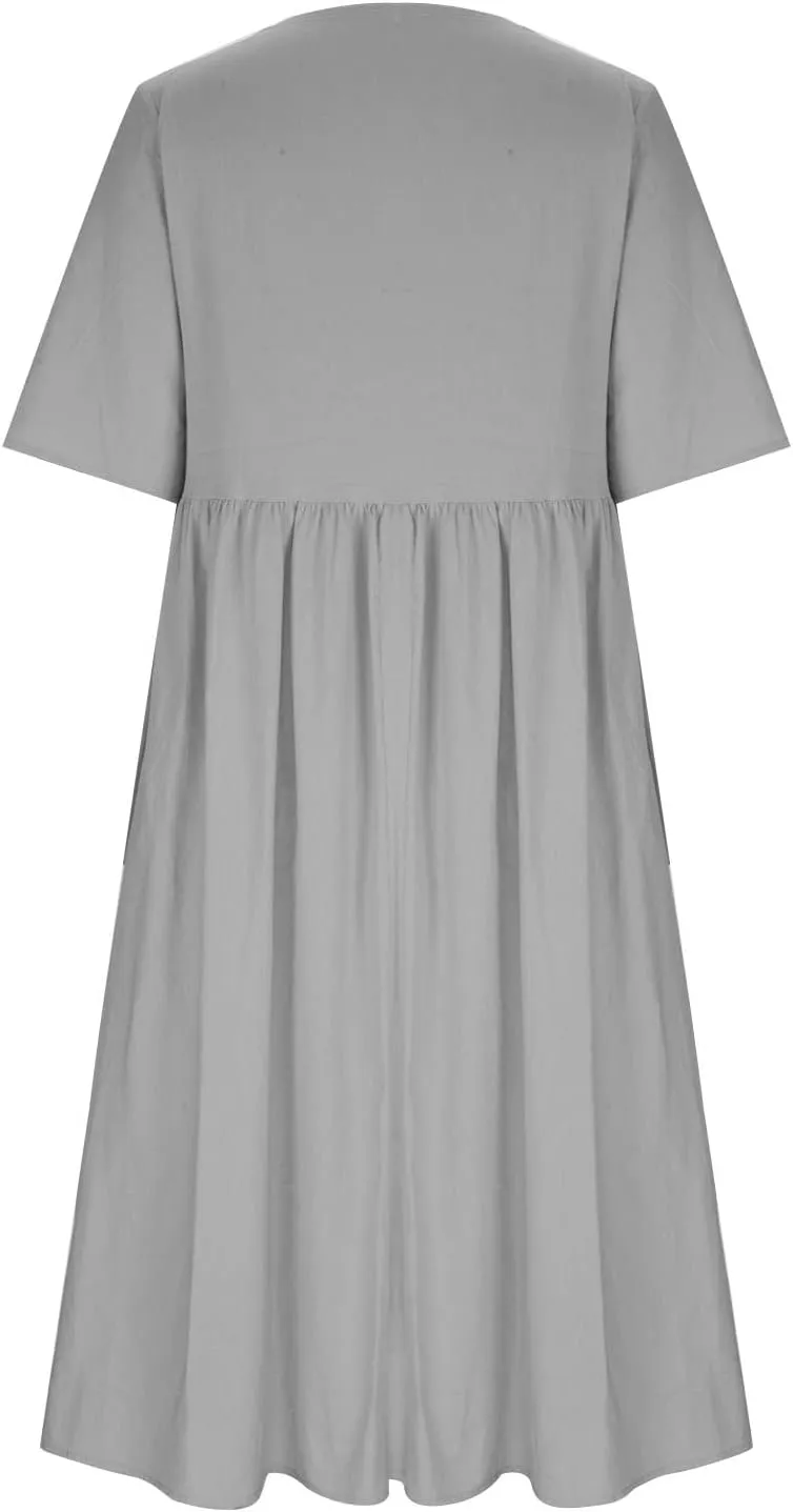 Cotton Dresses for Women 2024 Short Sleeve High Waist Casual Dress with Pockets Summer Loose Pleated Linen Maxi Dress