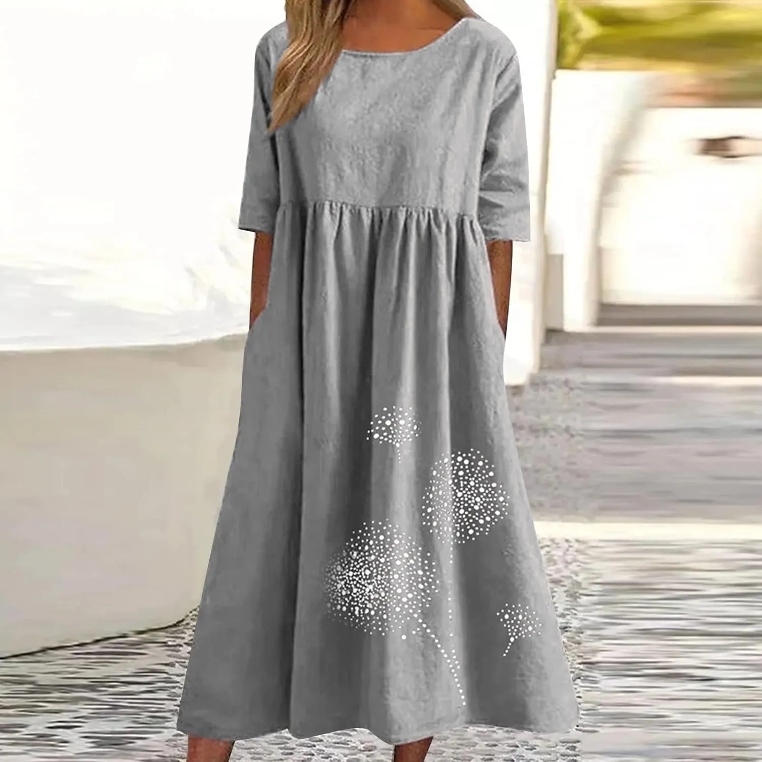 Cotton Dresses for Women 2024 Short Sleeve High Waist Casual Dress with Pockets Summer Loose Pleated Linen Maxi Dress