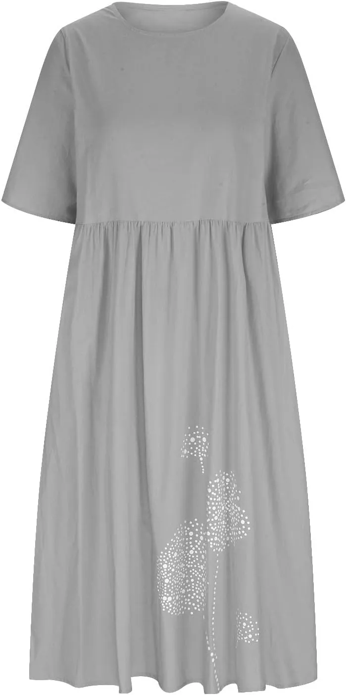 Cotton Dresses for Women 2024 Short Sleeve High Waist Casual Dress with Pockets Summer Loose Pleated Linen Maxi Dress