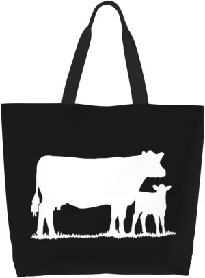 Cow with Calf Canvas Tote Bags for Women, Ladies Shoulder Handbags Large Purse Lightweight Foldable Reusable Shopping Bag with Pockets for Work, Travel, 15.7x19.7in