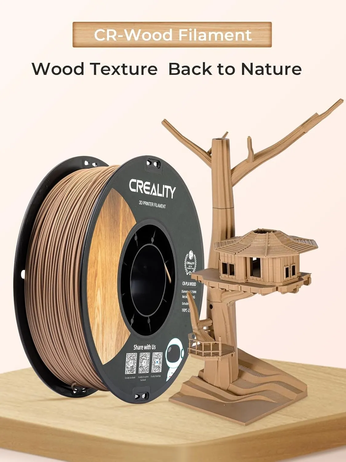 Creality Wood Filament PLA, 3D Printer Filament 1.75 mm, Smooth Silk Texture, Toughness, 1kg(2.2lbs)/Spool Printing Filament, for All FDM Printers (Wood)