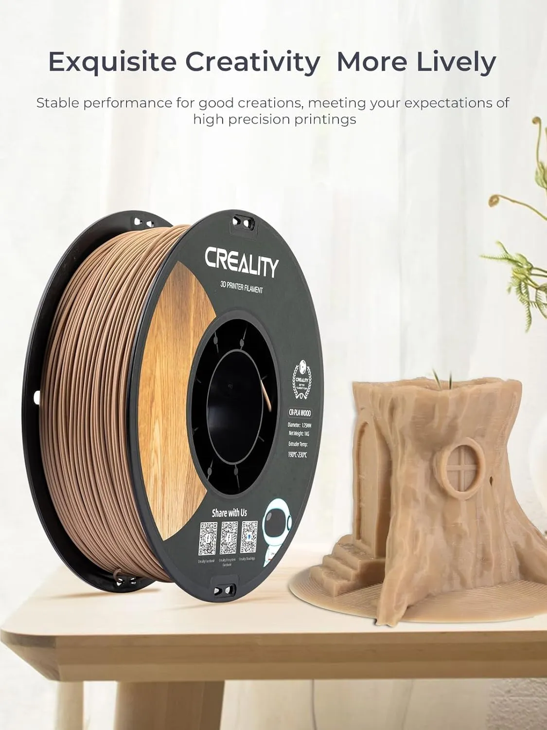 Creality Wood Filament PLA, 3D Printer Filament 1.75 mm, Smooth Silk Texture, Toughness, 1kg(2.2lbs)/Spool Printing Filament, for All FDM Printers (Wood)