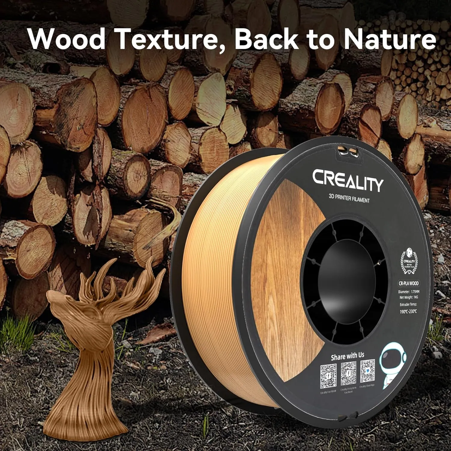 Creality Wood PLA Filament, 3D Printing PLA Filament 1.75mm, Dimensional Accuracy  /- 0.03mm, Warp-Free and Clog-Free, 1KG Spool (2.2 lbs), Fit for 99% 3D Printers