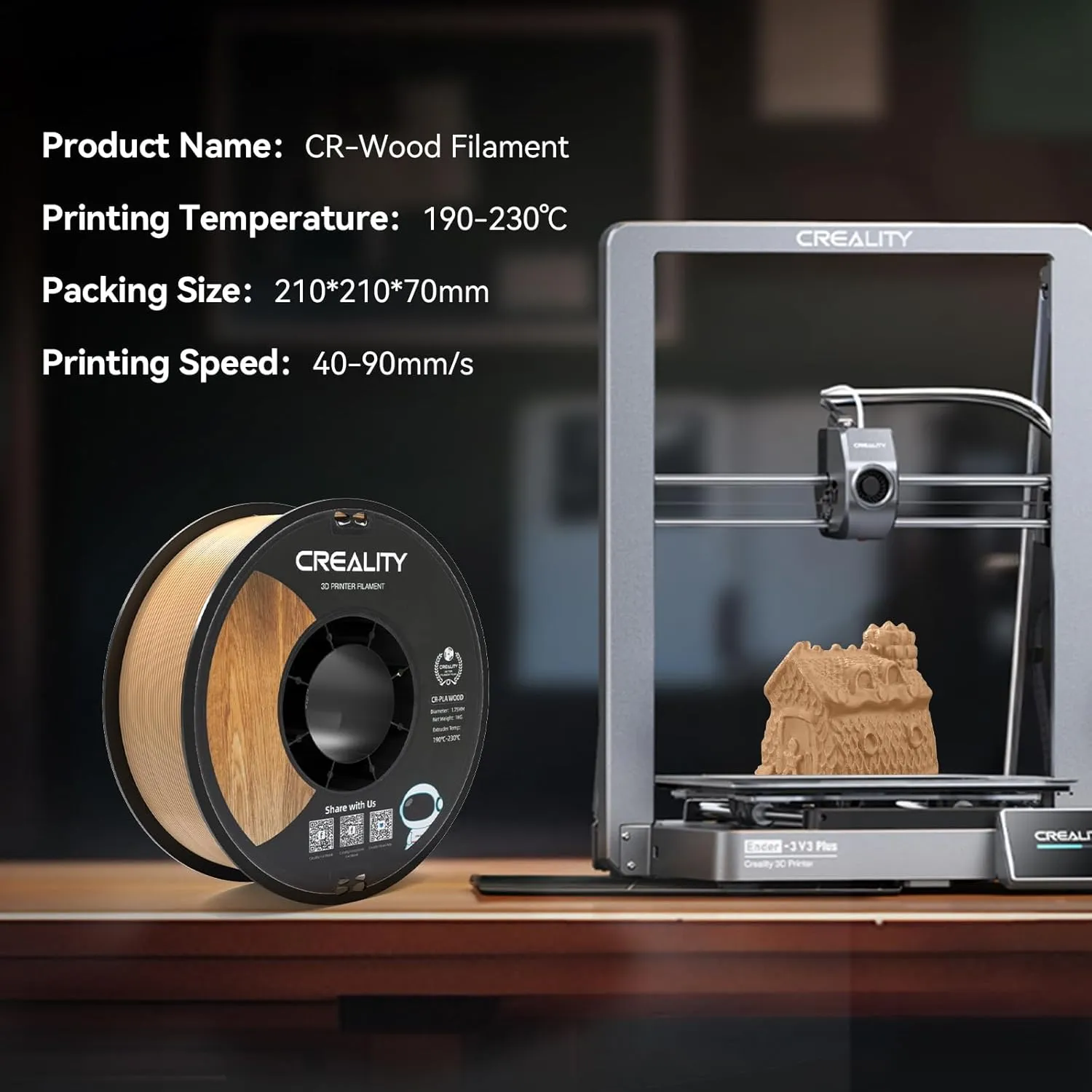 Creality Wood PLA Filament, 3D Printing PLA Filament 1.75mm, Dimensional Accuracy  /- 0.03mm, Warp-Free and Clog-Free, 1KG Spool (2.2 lbs), Fit for 99% 3D Printers