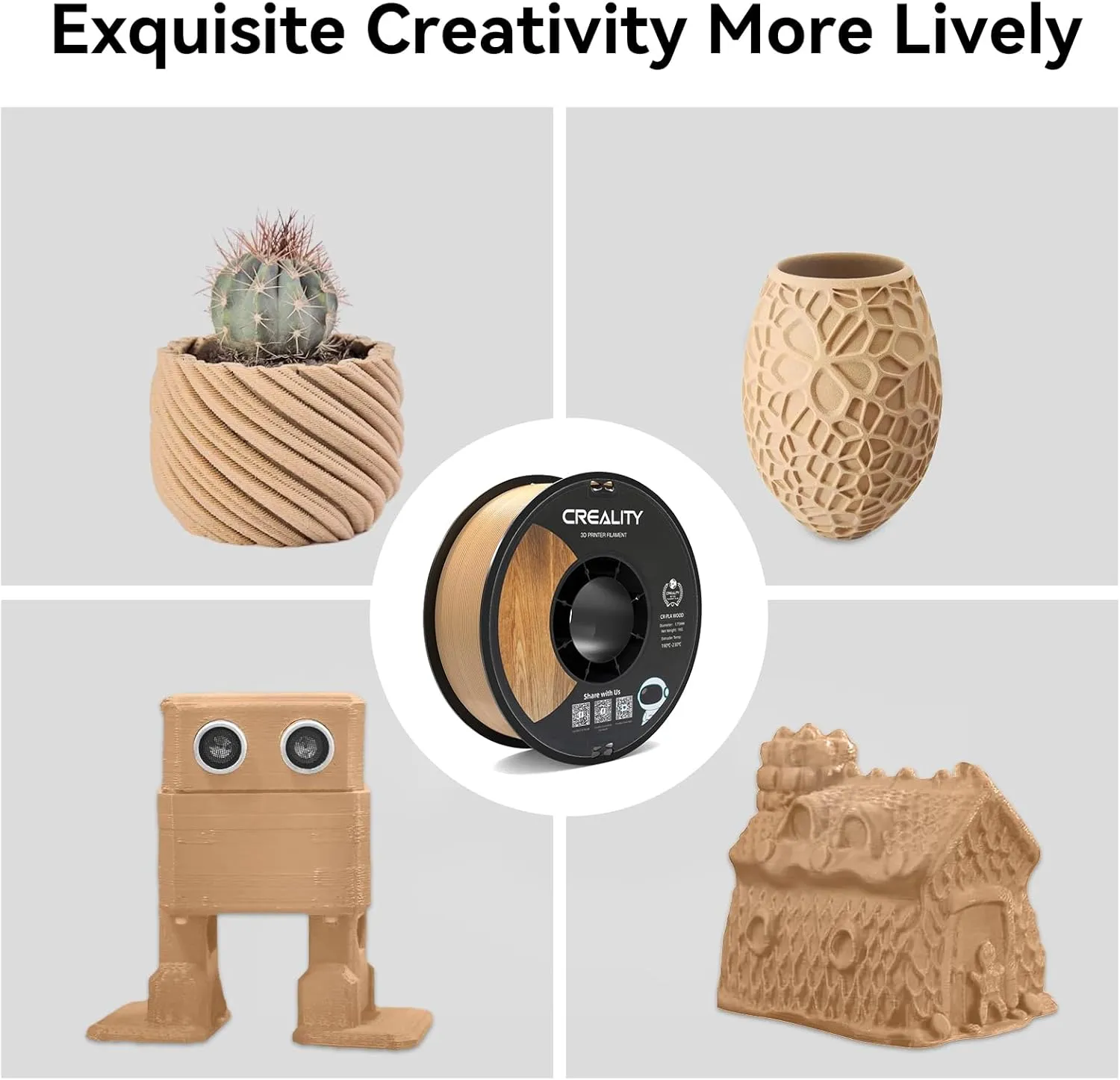 Creality Wood PLA Filament, 3D Printing PLA Filament 1.75mm, Dimensional Accuracy  /- 0.03mm, Warp-Free and Clog-Free, 1KG Spool (2.2 lbs), Fit for 99% 3D Printers