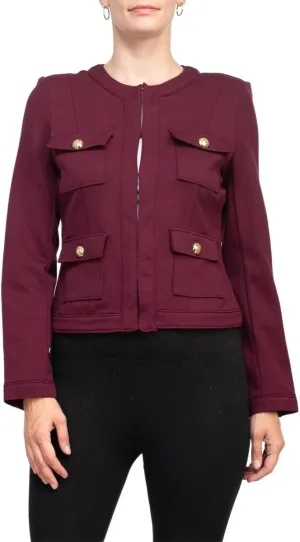 Crew Neck Long Sleeve Hook Closure Woven Knit Jacket with Pockets