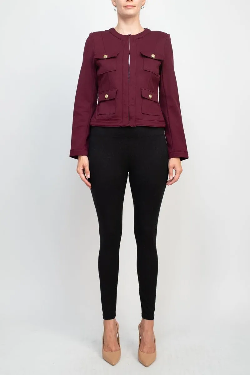 Crew Neck Long Sleeve Hook Closure Woven Knit Jacket with Pockets