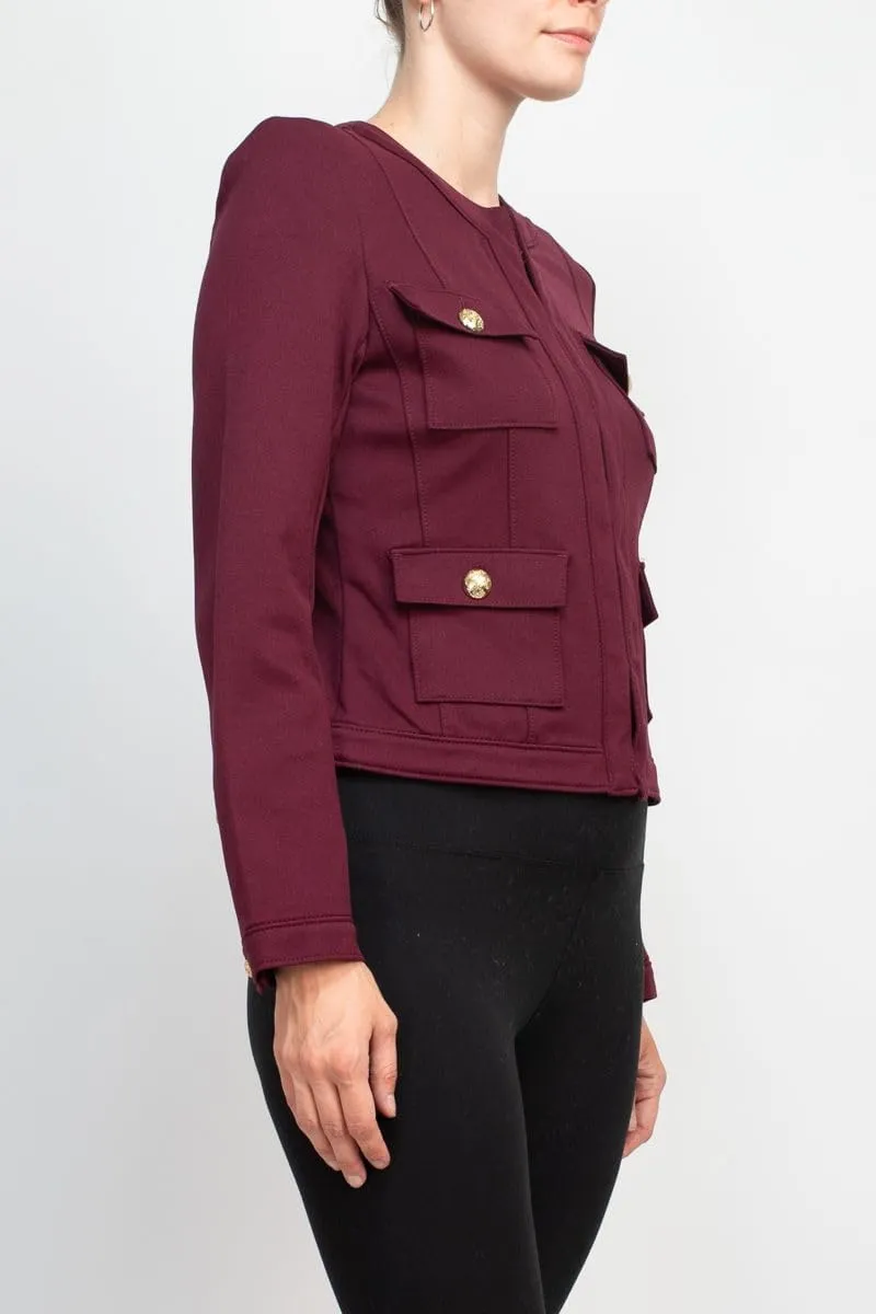Crew Neck Long Sleeve Hook Closure Woven Knit Jacket with Pockets