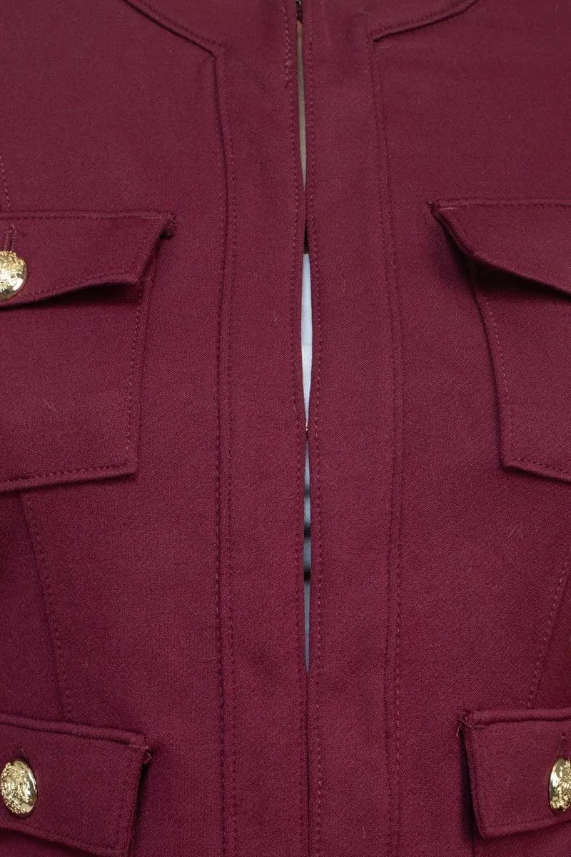 Crew Neck Long Sleeve Hook Closure Woven Knit Jacket with Pockets