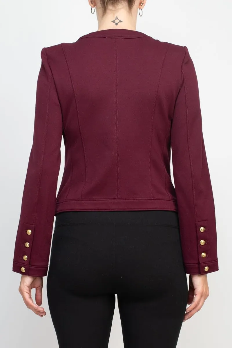 Crew Neck Long Sleeve Hook Closure Woven Knit Jacket with Pockets