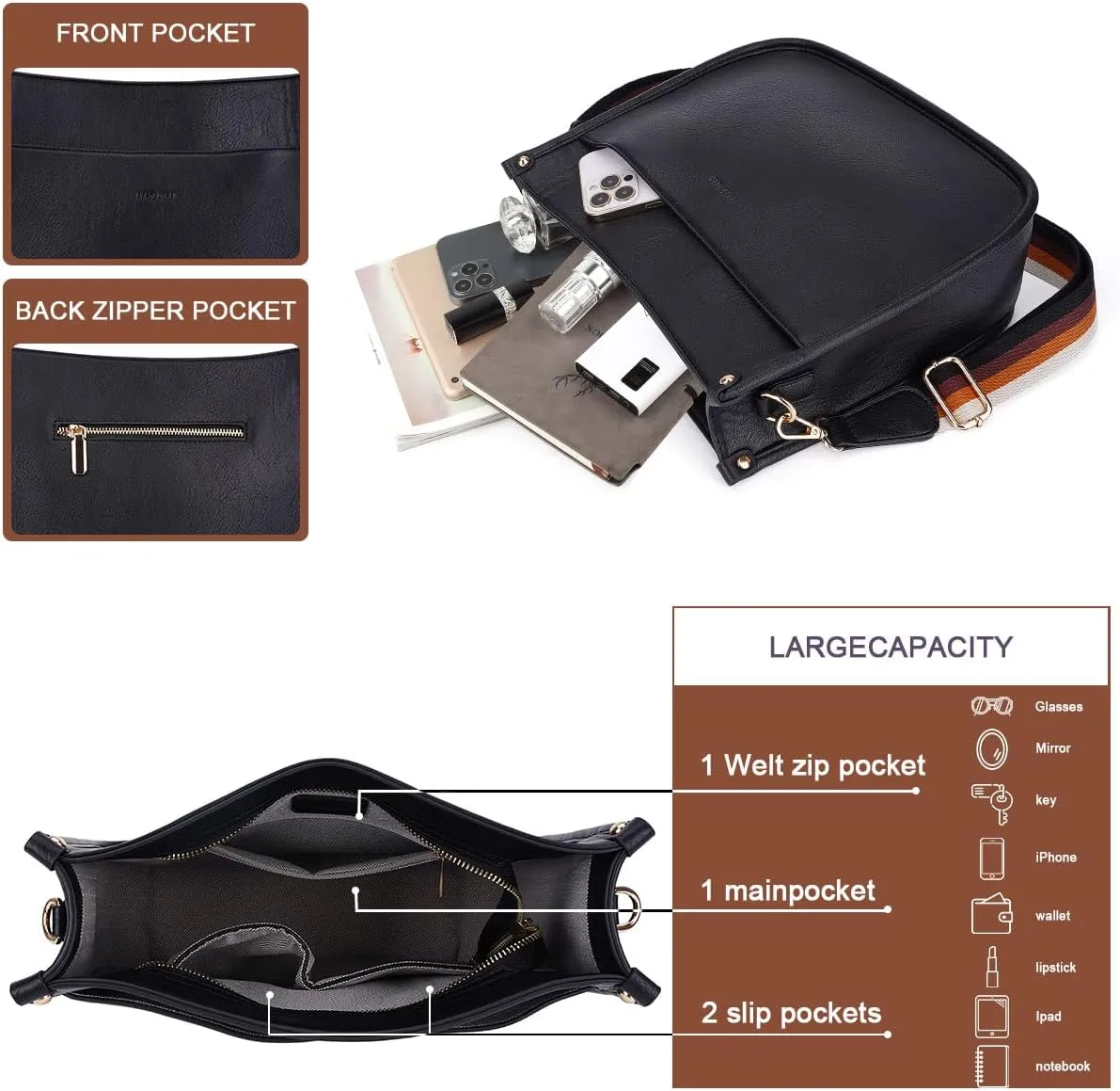 Crossbody Bag Women Vegan Leather Hobo Handbag Trendy Crossbody Shoulder Bag Purses For Women with 2 Adjustable Strap