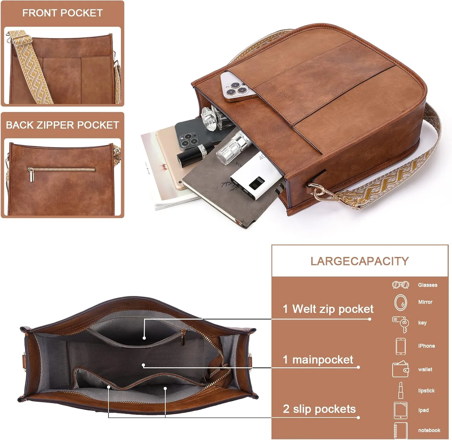 Crossbody Bag Women Vegan Leather Hobo Handbag Trendy Crossbody Shoulder Bag Purses For Women with 2 Adjustable Strap