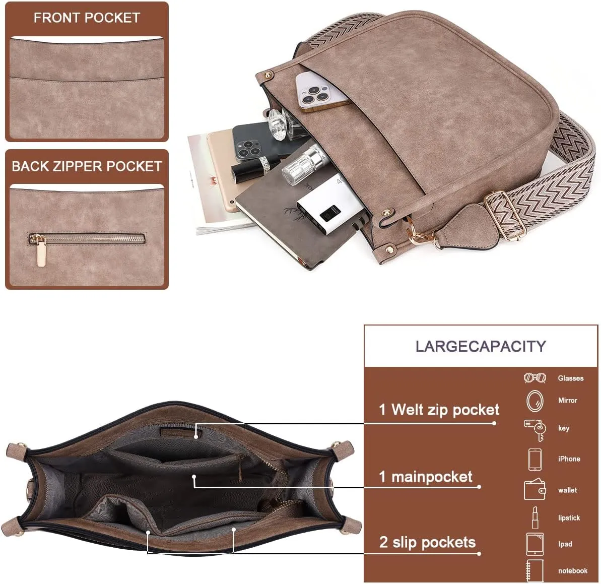 Crossbody Bag Women Vegan Leather Hobo Handbag Trendy Crossbody Shoulder Bag Purses For Women with 2 Adjustable Strap