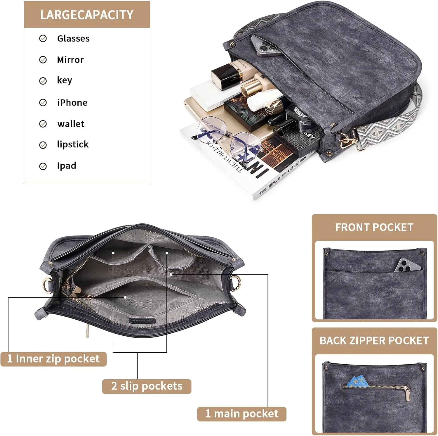 Crossbody Bag Women Vegan Leather Hobo Handbag Trendy Crossbody Shoulder Bag Purses For Women with 2 Adjustable Strap