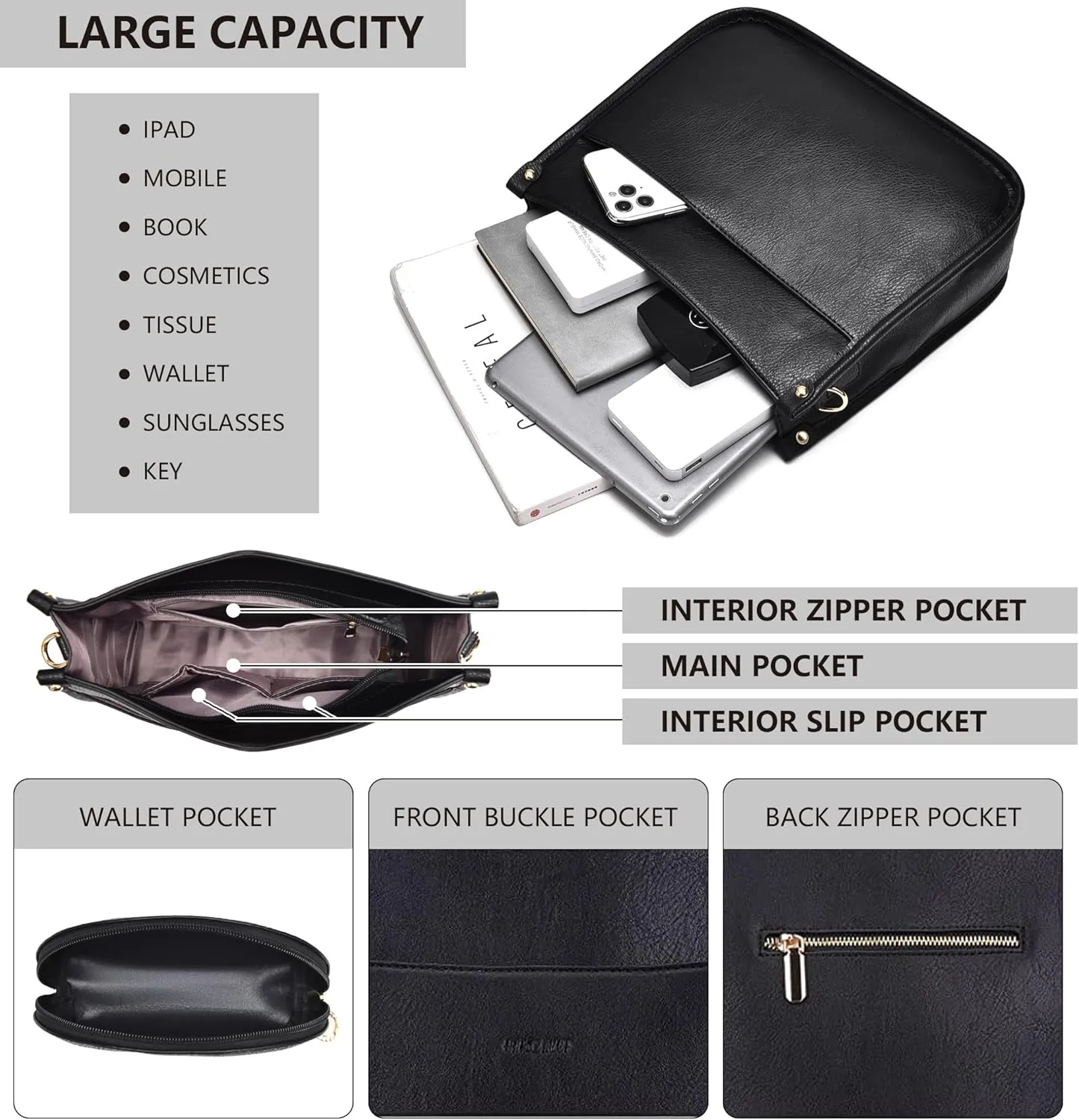 Crossbody Bags for Women Fashion Vegan Leather Hobo Purses Shoulder Handbags 2pcs Wallet Set with Guitar Strap
