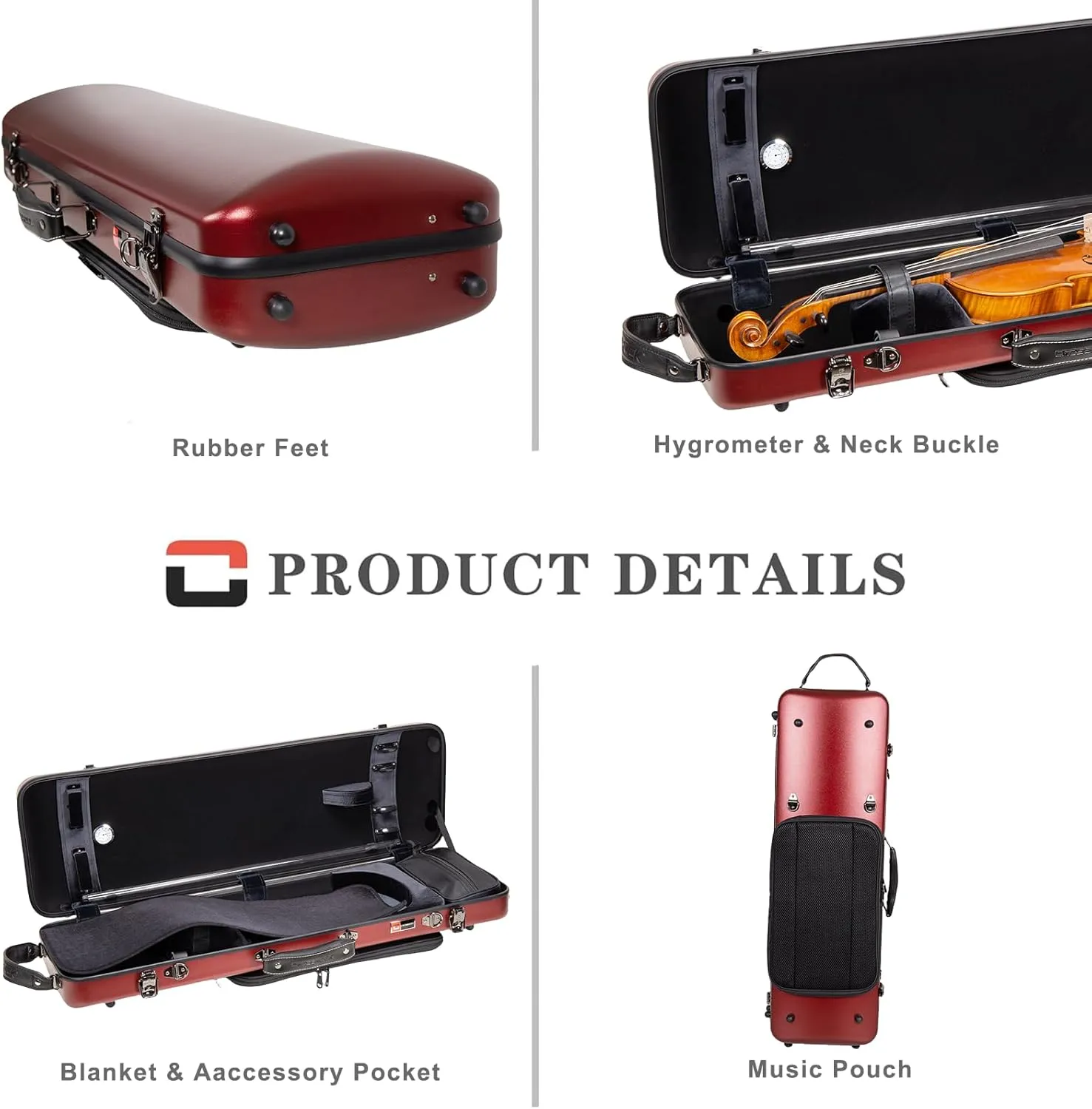 Crossrock Poly Carbon Oblong Violin Case for 4/4 Full-Size | Matte Red Finish, Hygrometer, Music Pouch, Accessory Storage – Lightweight Hard Shell