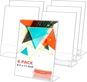 Crtiin 6 Pcs 8.5 x 11 Inch Acrylic Slanted Sign Holder with Business Card Holders Clear Display Stand Flyer Stand with Gift Card Holder for Office Table Advertisement Brochure