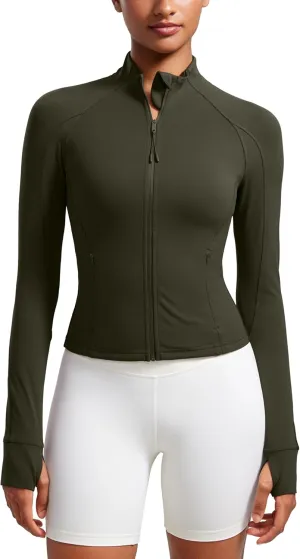 CRZ YOGA Butterluxe Womens Cropped Slim Fit Workout Jacket Weightless Track Athletic Full Zip Up Tops with Thumb Holes