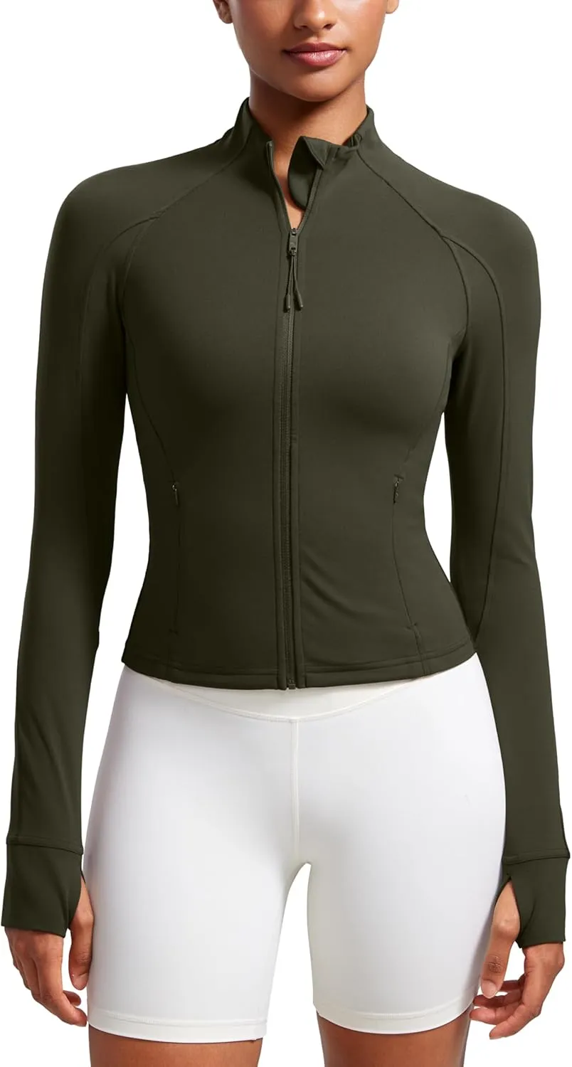 CRZ YOGA Butterluxe Womens Cropped Slim Fit Workout Jacket Weightless Track Athletic Full Zip Up Tops with Thumb Holes